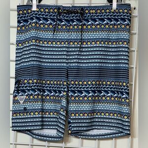 Columbia PFG Offshore ll Geometric Blue & Yellow Board Shorts Size 38 w/Opener